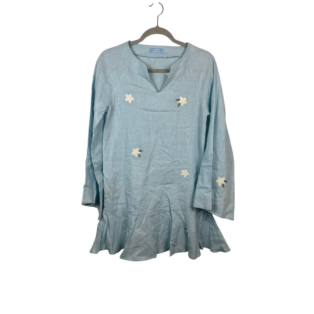 Andie x Fanm Mon Linen Tunic Dress Womens XS Blue Excellent Floral Ruffle Hem